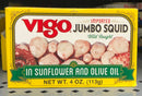 Vigo Jumbo Squid in Sunflower and Oilve Oil 4 oz Can Calamari Salad Snack