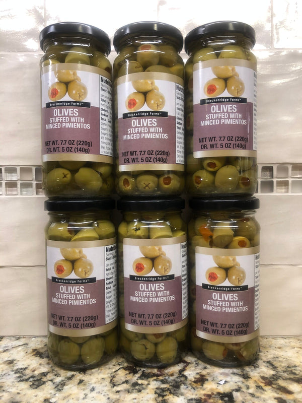 6 JARS Breckenridge Farms Green Olives stuffed Minced Pimento 7.7 oz. Jar