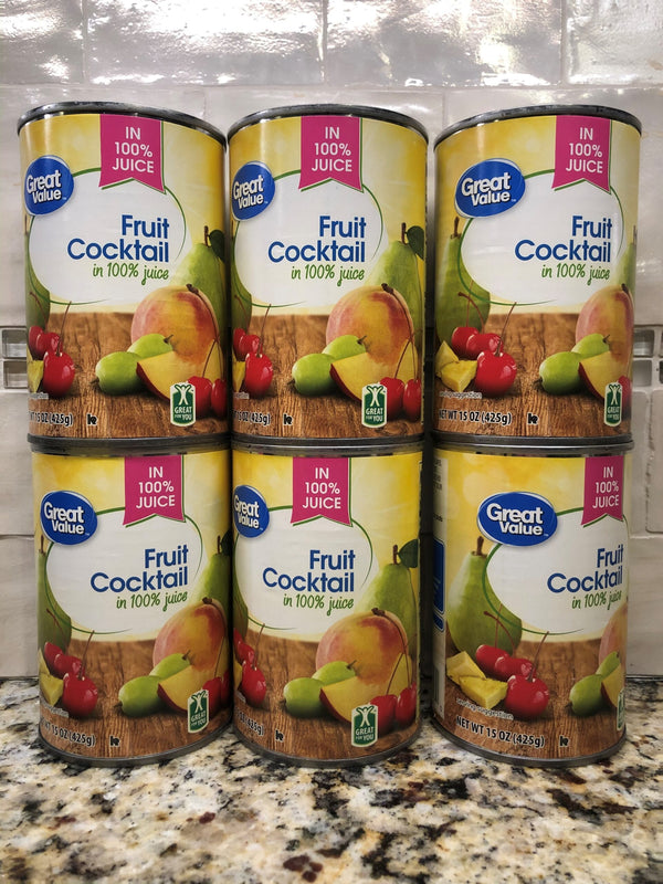 6 CANS Great Value Fruit Cocktail in 100% Juice 15 oz can peach pear