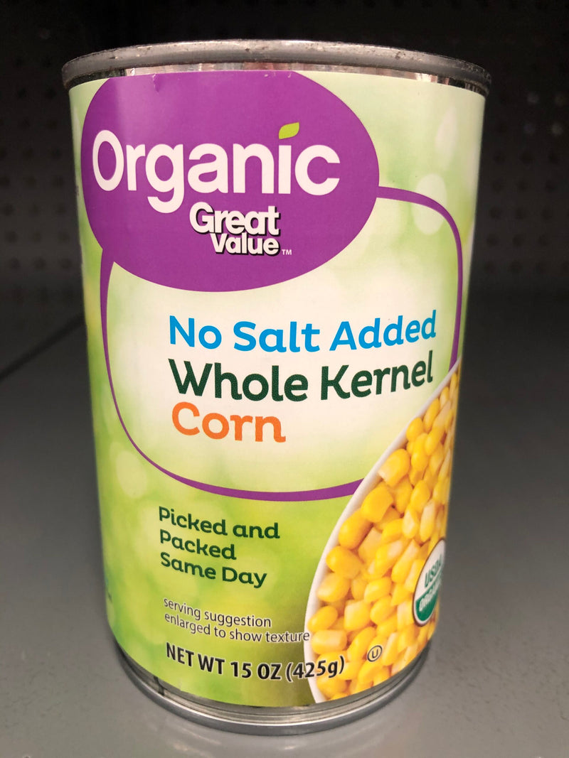 6 CANS Great Value Organic No Salt Added Whole Kernel Corn 15 oz Can Maize