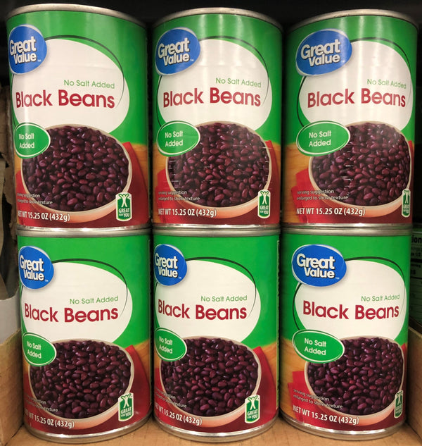 6 CANS Great Value No Salt Added Black Beans 15.25 oz Can Frijoles Negros