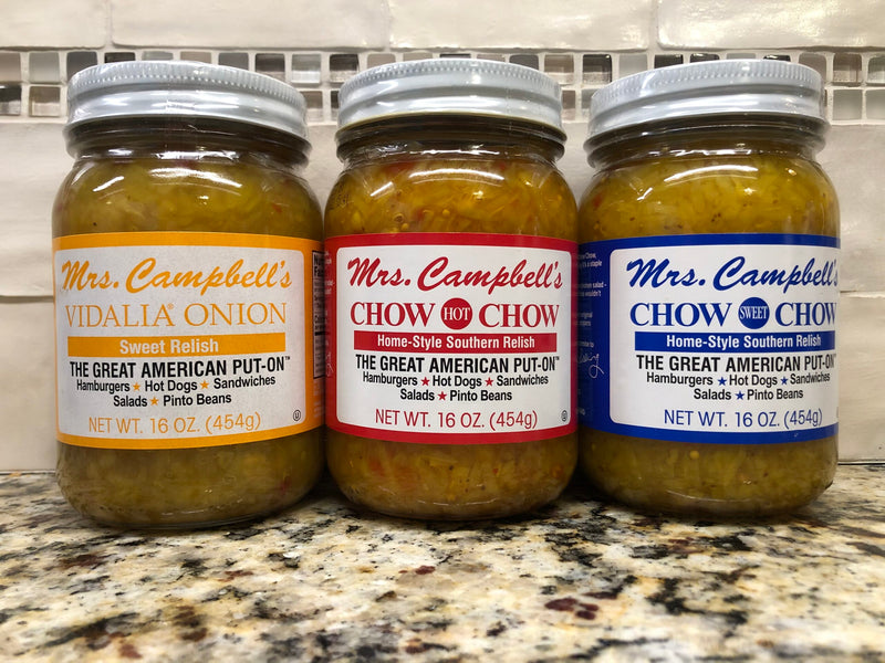 9 JARS Mrs. Campbell's SAMPLER Chow Chow Regular Hot Sweet Vidalia Onion Relish