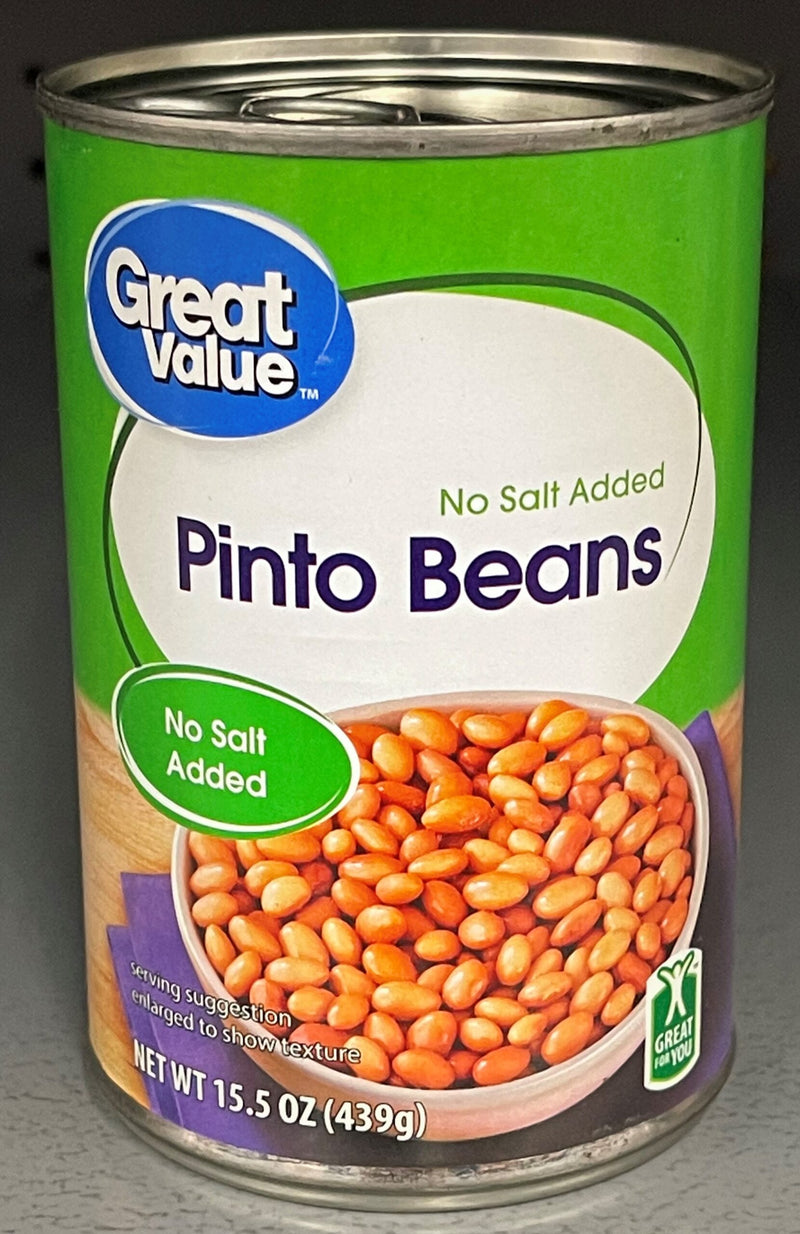 6 CANS Great Value No Salt Added Pinto Beans 15.5 oz Can Frijoles Soup