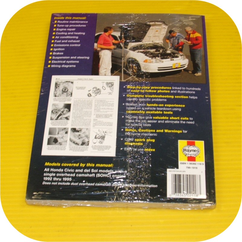 Repair Manual Book Honda Civic & del Sol 92-95 Owners